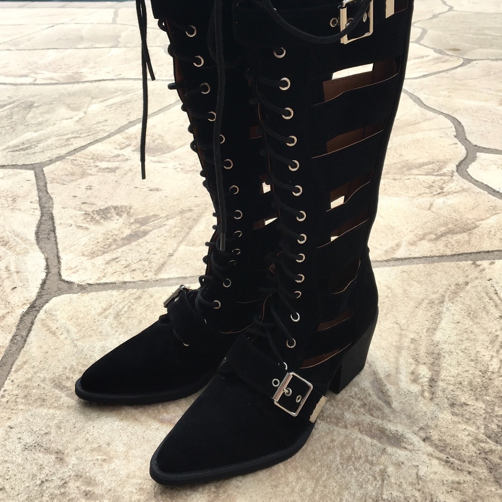 Lace-Up Cutout Knee-High Boots